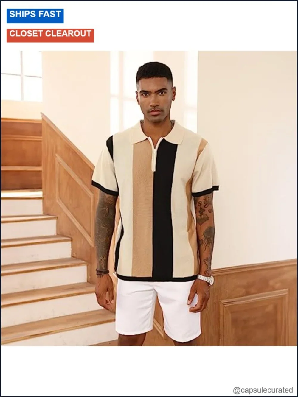 Men's Vintage Striped Polo Shirt Slim Fit Short Sleeve Knit Golf Tops
